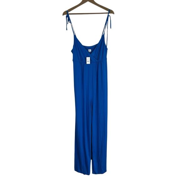 NWT Loft Beach Jumpsuit Womens S Blue Tie Shoulder V-Neck Wide Leg Coastal - Picture 3 of 7